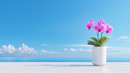 Vibrant orchids against a serene blue sky and ocean backdrop.
