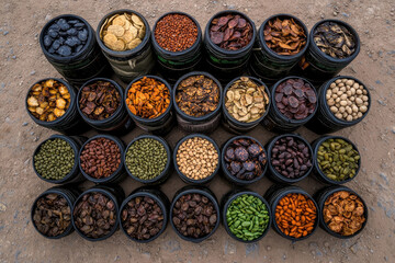 Fototapeta premium Colorful Display of Diverse Raw Ingredients in Containers on Rustic Surface