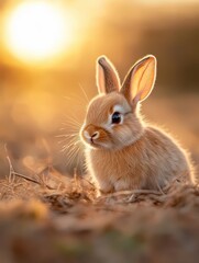 Obraz premium Adorable Golden Rabbit Portrait Fluffy, Small Brown Bunny In Warm Sunlight On Hay With Soft Ears, Perfect Image For Background Gentle Bokeh Effect
