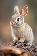 Fototapeta premium Adorable Crepuscular Rabbit In Natural Habitat Soft Nose Delicate Features, Friendly Outdoor Environment Depicts Agile Wildlife With Gentle Presence Natural Charm