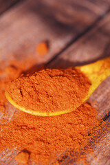 Red spice powder on wooden spoon ready for culinary use