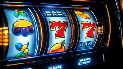 Close-up of illuminated slot machine reels showing fruit and number seven icons