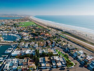 Aerial view of Coronado Cays, Coronado, California, USA, showcasing waterfront homes with private...