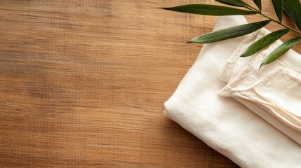 Sustainable Fashion and Eco-Friendly Biodegradable Apparel, Natural linen fabric draped on wooden surface with greenery accent.