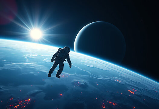 Astronaut Floating in Space Near a Planet and Star  A Solitary Figure in the Vastness of the Cosmos
