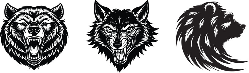 Obraz premium Fierce Black and White Vector Animal Head Illustrations with Bold Linework and Dynamic Expressions