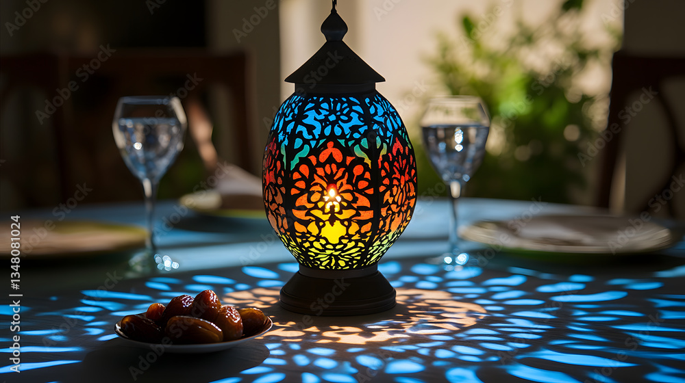 Poster a colorful, intricately designed lantern casts a vibrant glow on a table set for a meal. dates and g