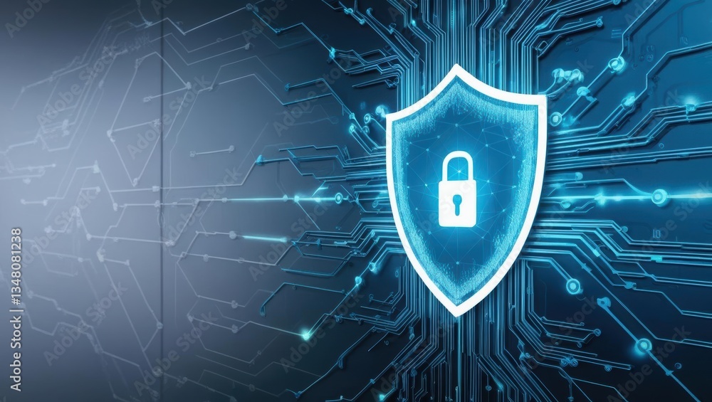Poster radiant shield positioned on a circuit board symbolizing advanced online security and protection sys