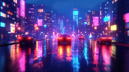 Obraz premium Neon-lit city street at night, wet asphalt reflecting vibrant colors from illuminated buildings and advertisements. Cars drive down the road.