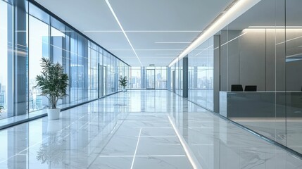 Fototapeta premium Modern Clean Office Lobby with Glass Walls and Marble Floor Design