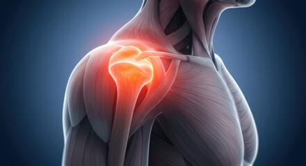 Detailed anatomy of a human shoulder joint with highlighted pain area