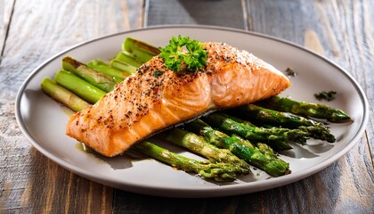 a plate of baked salmon with asparagus on background