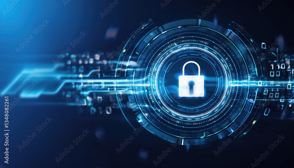 Poster abstract representation of lock on dark background with data matrix overlay for cybersecurity scan