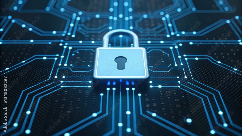 Poster glowing network featuring padlock embedded in circuit signifying advanced online security systems