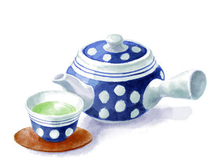 緑茶と急須の水彩イラスト(レトロ水玉)