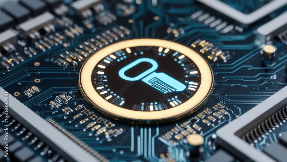 Poster futuristic computer chip featuring glowing security key embedded in circuit board close-up