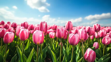 A vibrant field of tulips in full bloom, stretching endlessly under a bright sunny sky.