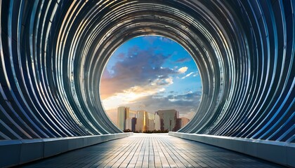 a futuristic tunnel with a circular opening showcasing the sky and modern architecture