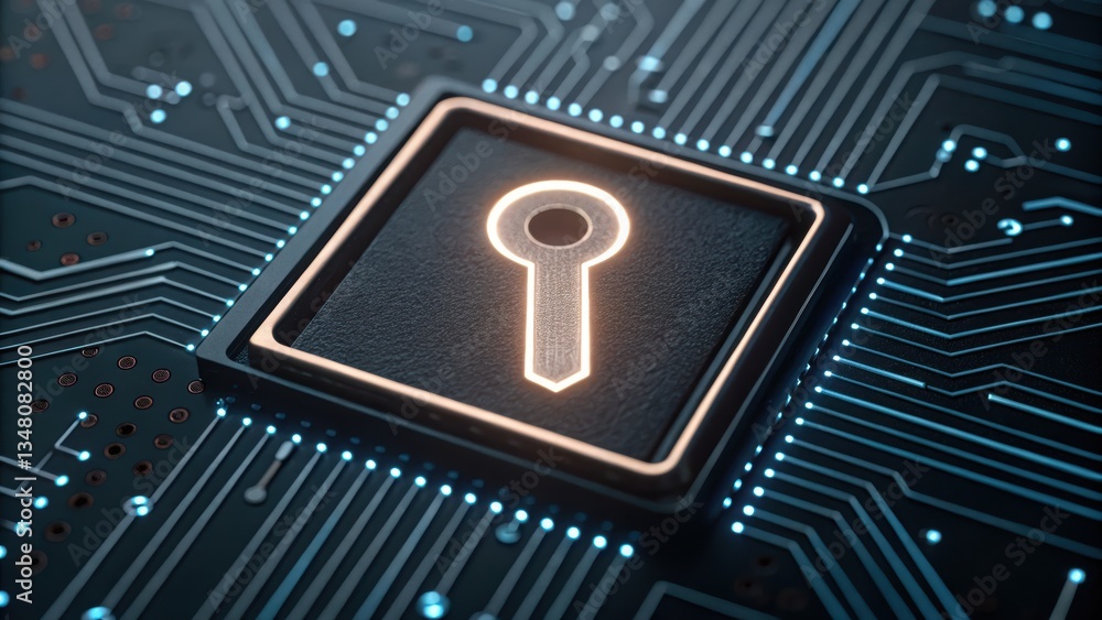 Poster glowing security key on circuit board in ai driven cybersecurity interface for protecting data