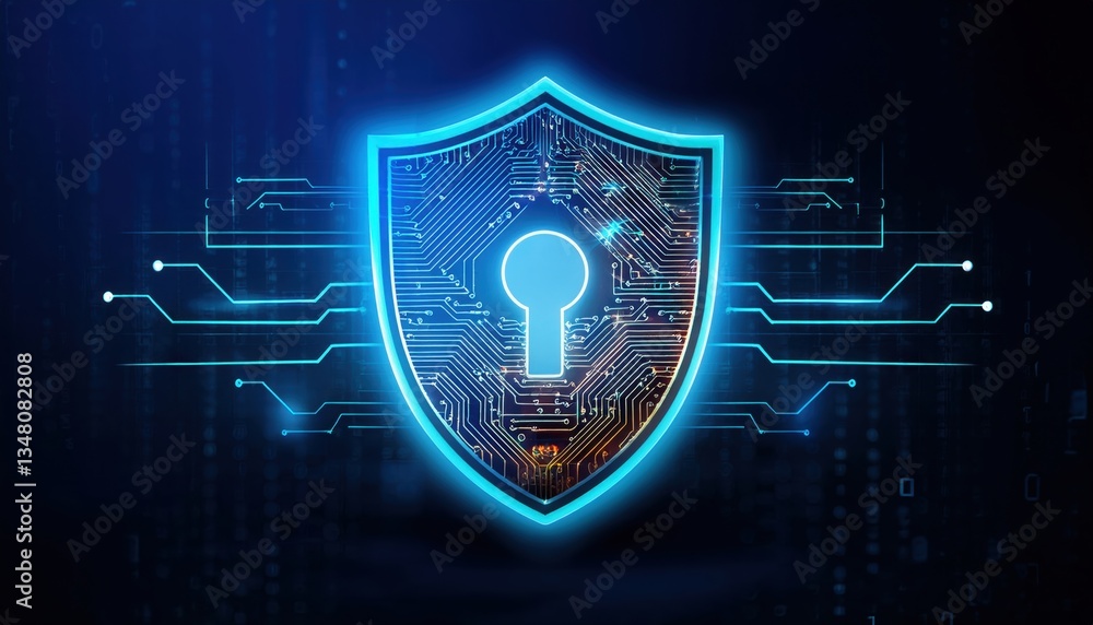 Poster ai powered cybersecurity shield with lock and illuminated encryption key in digital landscape