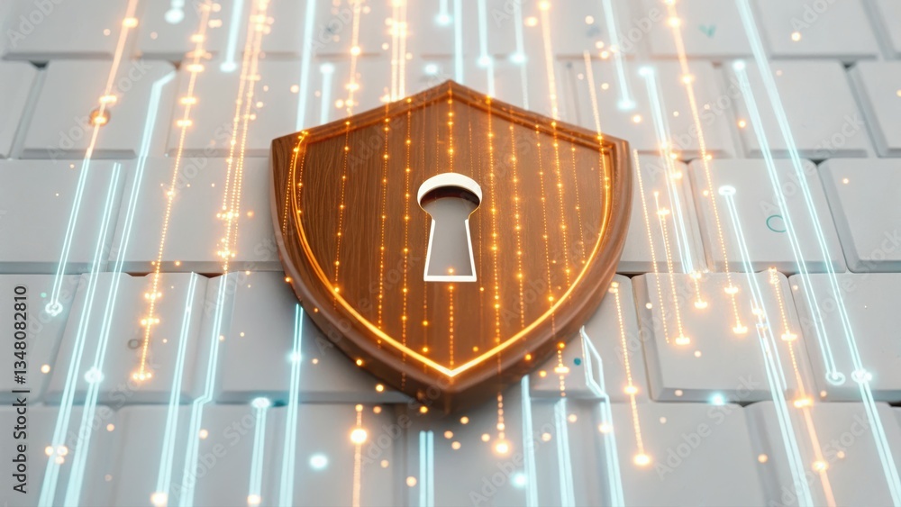 Poster wooden shield resting on a computer keyboard symbolizing cybersecurity protection and defense