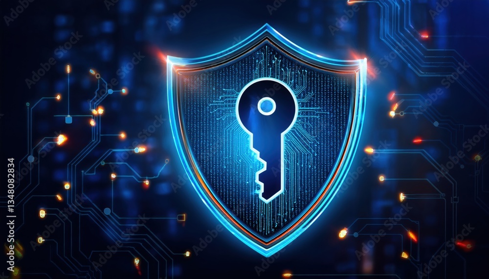 Poster illuminated encryption key on circuit board representing ai powered cybersecurity shield concept