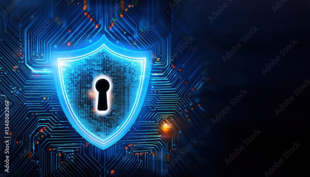 Poster computer circuit board featuring lock symbolizing ai powered cybersecurity shield and data protectio