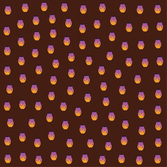 a pattern of orange and purple vases on a brown background