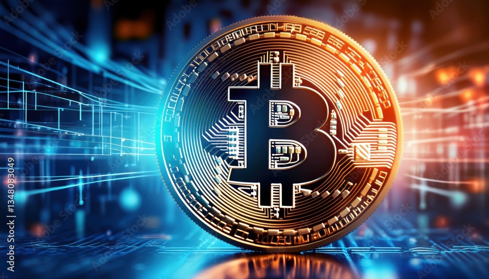 Poster detailed macro image of a bitcoin coin representing digital currency and blockchain technology today