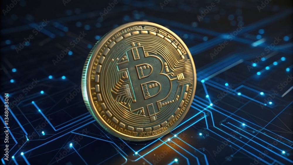 Poster close-up view of a bitcoin coin on a circuit board illustrating fintech transactions and blockchain 