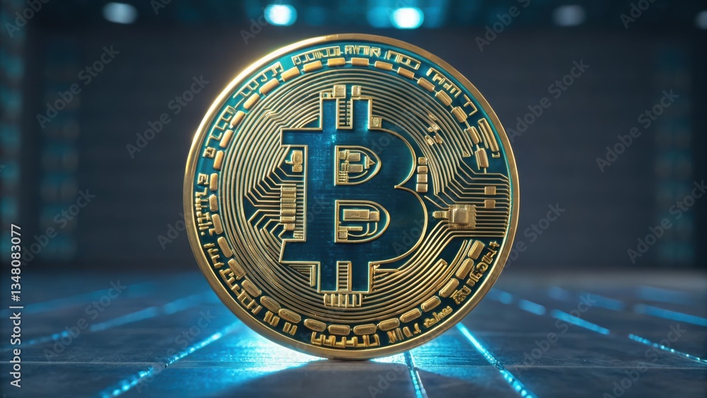 Poster macro shot of a bitcoin coin symbolizing digital currency and blockchain technology for financial tr