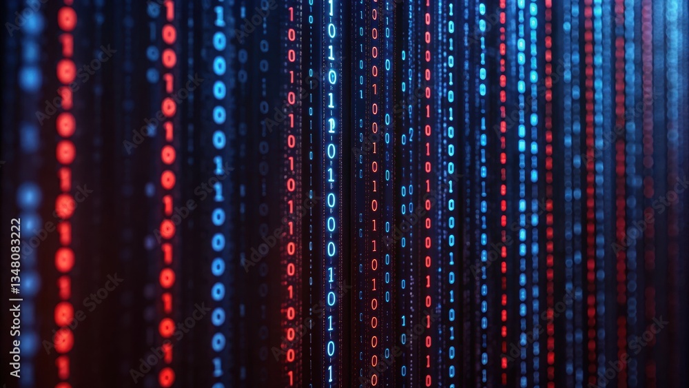 Poster binary code stream depicting cybercrime in progress with corruption and digital data risks