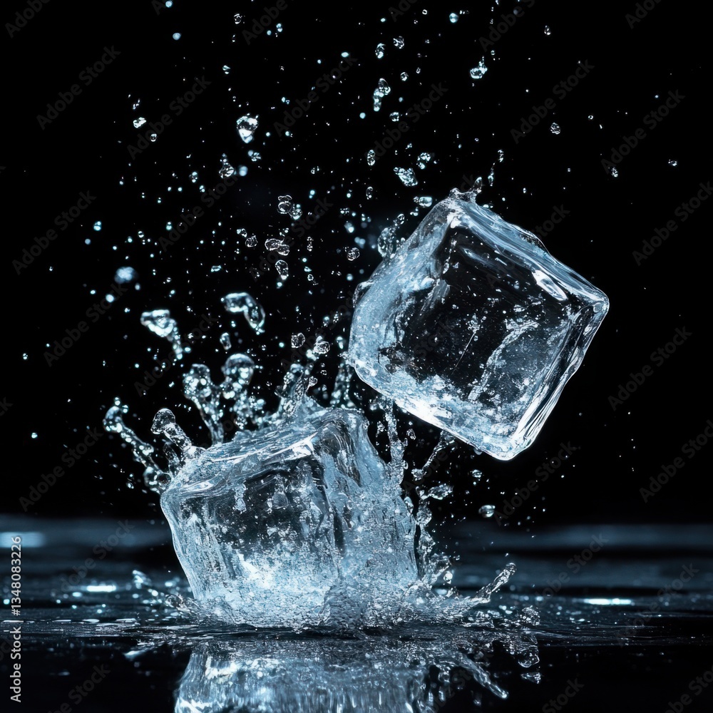 Poster ice cubes splashing in clear water with droplets reflected against a black background demonstrating 