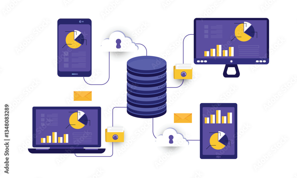 Poster cloud storage data center with computer, laptop, tablet and smartphone, technology network and datab