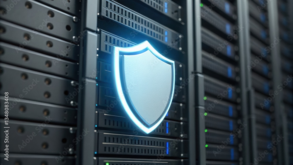 Poster server with protective shield symbolizing cyber resilience and multi-layered security infrastructure