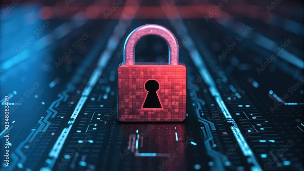Poster padlock on computer symbolizing cybersecurity risk in financial data and digital information safety