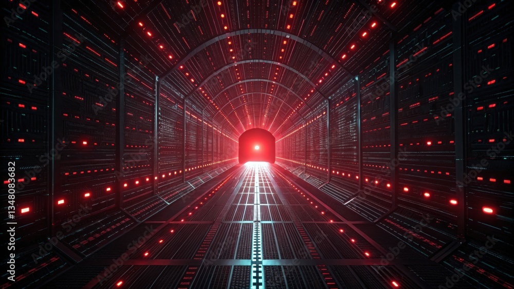 Poster tunnel illuminated with red lights representing dark web cyber threats and encrypted digital securit