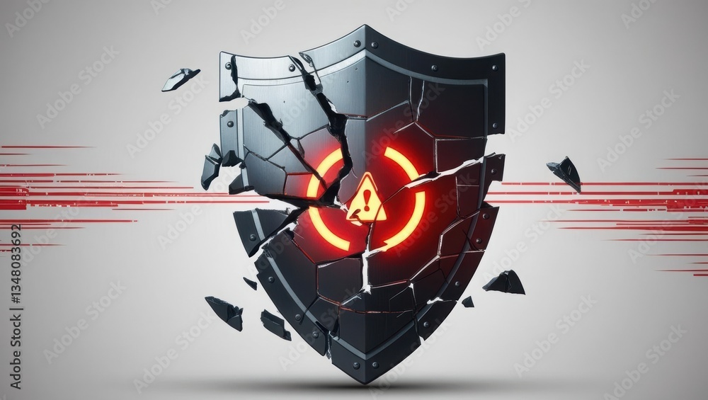 Poster broken shield with glitch effect emitting a red light symbolizing a data breach in cybersecurity