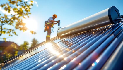 Solar Panel Installation: A Technician Working on a Residential Rooftop Solar Water Heater System