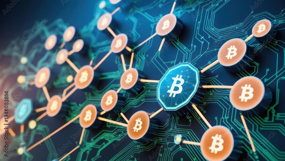 Poster bitcoin positioned on circuit board highlighting the glowing nodes of decentralized finance concept