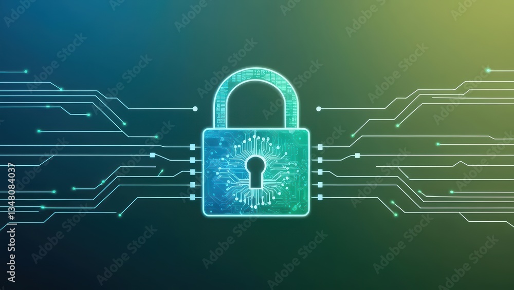 Poster digital security system featuring a padlock on a circuit highlighting cyber network protection