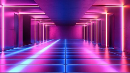Futuristic Glowing Gallery Space with Empty Floor and Neon Lights