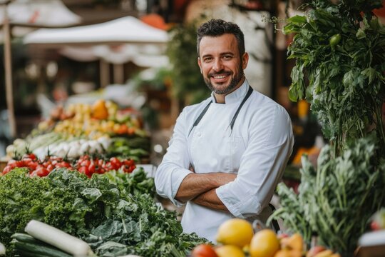 Smiling chef stands proudly amidst fresh produce at outdoor market