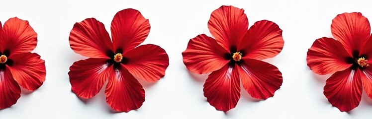 Obraz premium Four vibrant red hibiscus flowers, white isolated background. The plants have dark centers with yellow stamens. Perfect for floral designs, wedding invitations, summer holiday concepts.