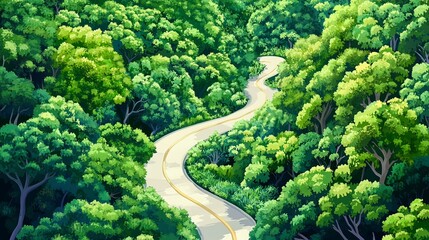 Aerial view of a winding road through a dense green forest, travel and adventure concept.