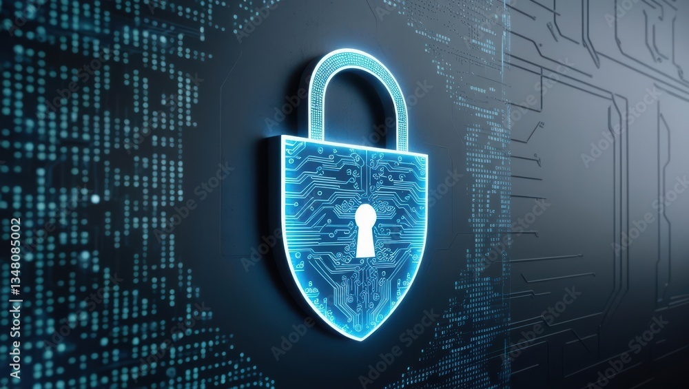 Poster digital padlock positioned on circuit board representing innovative cybersecurity and protection sys