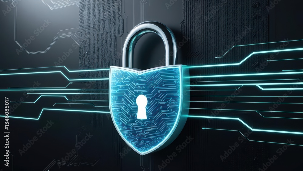 Poster digital padlock over circuit board illustrating advanced cybersecurity solutions and protection meth