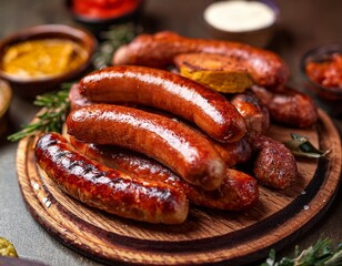 barbequed grilled sausages bbq smoked chorizo bratwurst kielbasa gourmet butcher shop sizzling juicy fresh spicy rustic premium artisan platter market feast