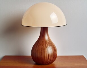 wooden mid century modern table lamp with beige dome shade
