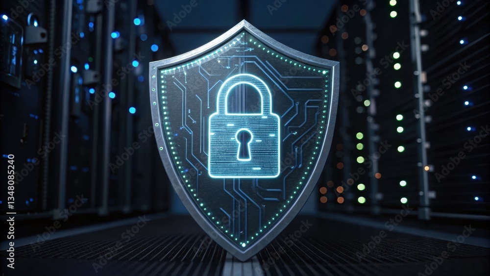 Poster computer shield featuring lock illustrating enhanced cybersecurity strategy and digital protection m